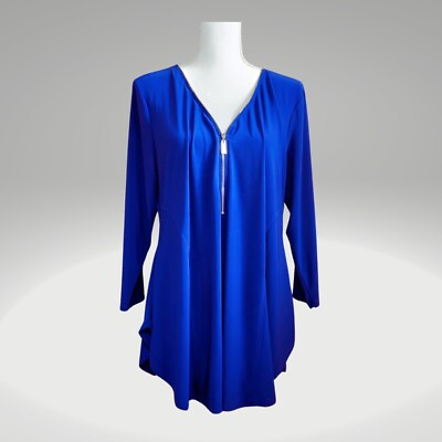 #ad Blue Chaus New York Dress Blouse V neck Zipper Detail Swing Size XL 3 4 sleeve $20.00