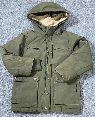 #ad Ben Sherman Coat Boy 7 Army Green Jacket Solid Pocket Sherpa Hood Lined Zip Snap $29.99
