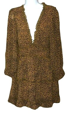 #ad Women#x27;s Small Brown Black Leopard Peasant Boho Long Sleeve Backless Ruffle Dress $15.99