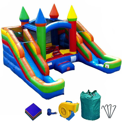 #ad Commercial Inflatable Bounce House Rainbow Double Water Slide With Blower Used $1099.99
