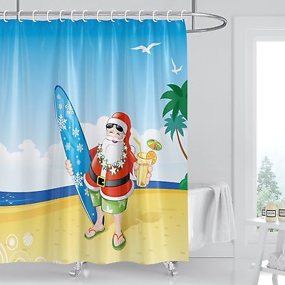 #ad Christmas Shower Curtain for Bathroom Merry Christmas Beach Santa Claus Shower C $19.26