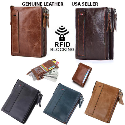 #ad DZ Men#x27;s Men Real Genuine Leather RFID Double Zipper Coin Pocket Purse Wallet $8.99