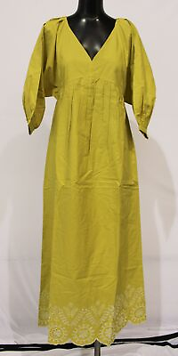#ad Mango Women#x27;s V Neck Long Puffed Sleeve Embroidery Hem Dress JW7 Green Size XS $17.50