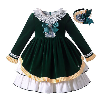 #ad Pettigirl Girls Vintage Party Dresses Christmas Clothes Headband Green Autumn $42.99