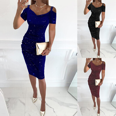 #ad Sexy Womens Rhinestone Evening Party Cocktail Dress Cold Shoulder Dress Clubwear $20.49
