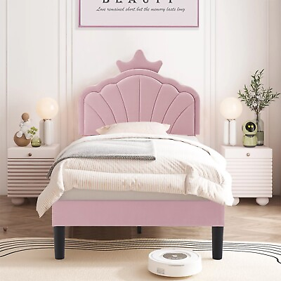 #ad Cute Kids Bed Frame Twin Size Crown Velvet Upholstered Headboard Wood Platform $139.88