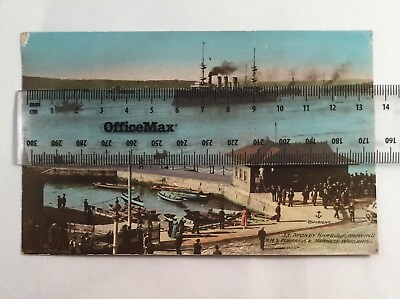 #ad vintage colour postcard Sydney Harbour HMS Powerful and Japanese warships AU $99.00