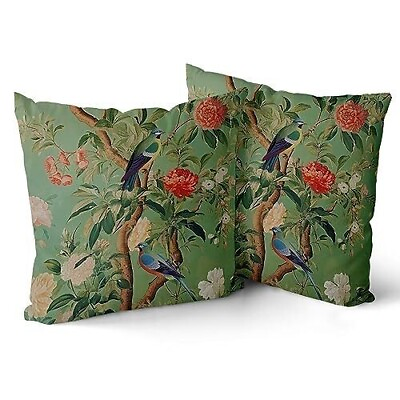 #ad Green Chinoiserie Pillow Cover 16x16 Inch Vintage Bird Flower Throw Pillow Co $22.03