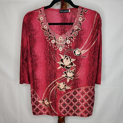 #ad T C Fashion women#x27;s size L blouse multicolor print v neck 3 4 sleeves glitter $14.14