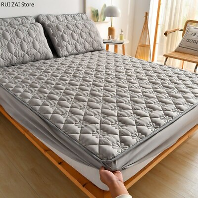 #ad Thicken Solid Color Quilted Mattress Cover Plush Fitted Sheet Mattress Topper $56.46