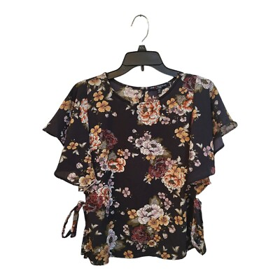 #ad One Clothing Womens XS X Small Flutter Sleeve Blouse Top Open Sides Floral Black $8.99