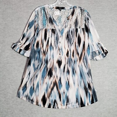 #ad Cocomo Women Top 2XL Blue Ikat Tie Dye Lace Panel Short Sleeve Popover $9.91
