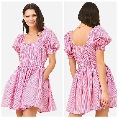 #ad NWT Rhode ANIKA White Pink Stripe Mini Dress Puff Sleeve Fit Flare Medium $95.00