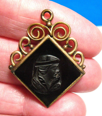 #ad GOLD FILLED ONYX INTAGLIO ANTIQUE PENDANT FOB CHARM ROBED WOMAN 4 GRAMS $150.00