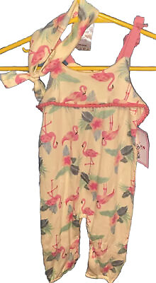 #ad *NWT*Baby Girls 6 9m*Yellow One Piece Outfit*PINK FLAMINGO*Matching Hair Bow* $8.00