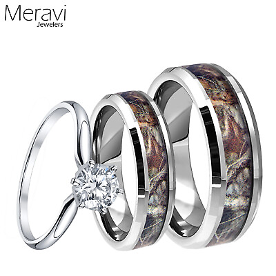 #ad Mens Titanium Mossy Forest Oak Camo Band 925 Sterling Silver CZ Wedding Ring Set $47.85