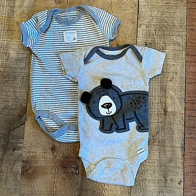 #ad Baby One Piece Set of Two 0 3m Grey White Bear Stripes $13.99