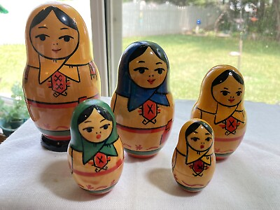 #ad Set 5quot; Vintage Wooden Nesting Matryoshka Russian Dolls Marked $15.99