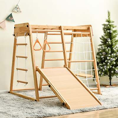 #ad Toddlers Wooden Climber 8 in 1 Slide Swing Rings Playset Indoor Kids Playground $270.70