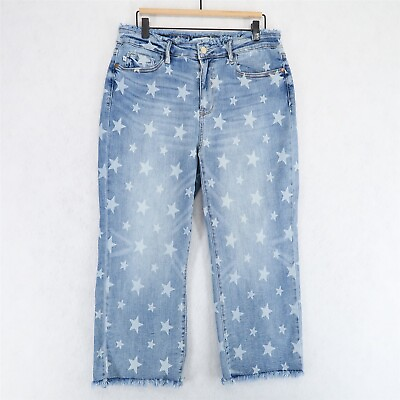 #ad Judy Blue Cropped Straight Jeans Womens 13 31 Blue Star Print Fringe Waist Hems $29.99