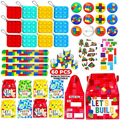 #ad 60 Pcs Building Blocks Party Favors For Kids Brick Style Keychain Wristband Box $19.99