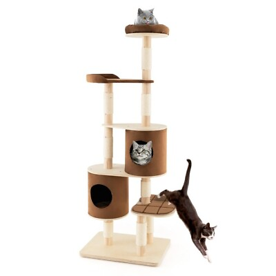 #ad 6 Tier Wooden Play Cat Tree Removeable Condo Platform amp; Perch Pet Tower Activity $188.97