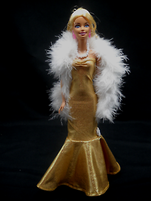 #ad Shiny Gold Sheath Dress Fits Barbie Doll Handmade with Boa and Necklace * $9.34