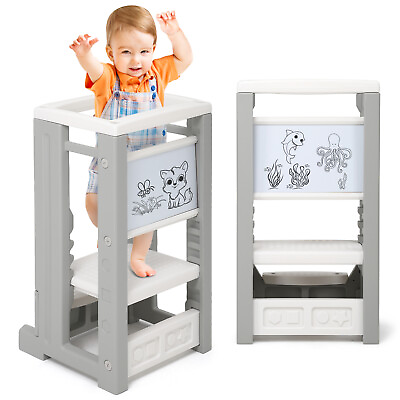 #ad Kitchen Kids Step Ladder Stool Toddler Learning Tower Safety Bar Helper $65.52