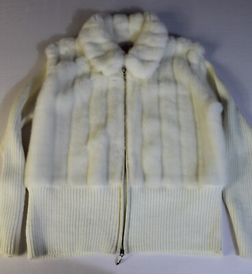 #ad Vintage 80s Ronnie Salloway Full Zip Faux Fur Front Knit Cardigan Ivory Women XL $35.99