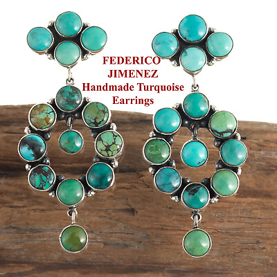 #ad FEDERICO JIMENEZ Earrings BIG Dangle Clusters Green Turquoise Sterling XL $497.17