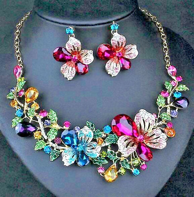 #ad Superb FLORAL Bouquet RAINBOW Flower JEWEL Betsey Johnson Necklace Earrings SET $35.98
