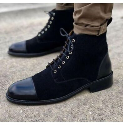 #ad Men#x27;s Handmade Leather amp; Suede Black Formal Cap Toe Ankle Lace Up Boots For Men $176.76