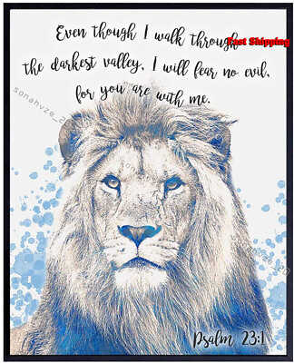 #ad Even Though I Walk Through The Darkest Valley Psalm Bible Verse Quote Lion P... $14.50