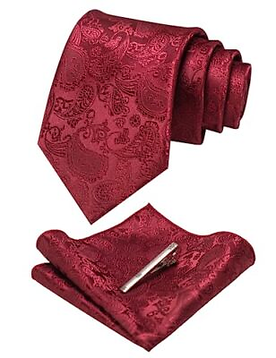 #ad Mens Solid Color Paisley Necktie and Pocket Square with Tie Clip Sets Burgundy2 $20.23