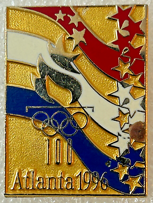 #ad Vintage 1996 Atlanta Olympic Games Torch Flag Stars Stripes Pin $12.00