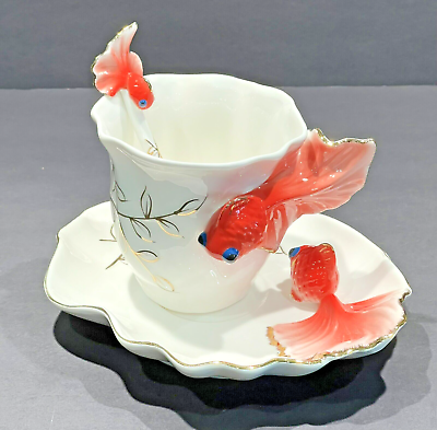 #ad One Piece Creative 3D Goldfish Bone China Ceramic Coffee Cup Saucer and Spoon $59.99
