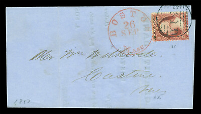 #ad US 1857 Washington 3c rose Sc# 25 on bank notice from BOSTON to Castine Maine $175.00