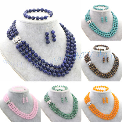 #ad 3 Rows Natural Multicolor Jade Round Gems Necklace Bracelet Earrings Jewelry Set $14.21