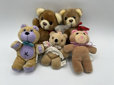 #ad Lot of 5 Vintage Plush Stuffed Teddy Bears Brown Purple Bride Cute Small $14.98