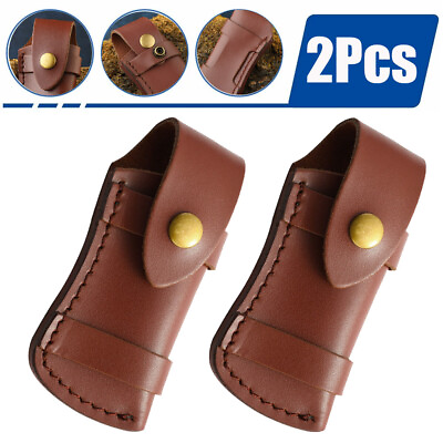 #ad 2 Pack Sheath Folding Pocket Knife Sheath 5quot; Smooth Brown Leather Belt Case $12.89