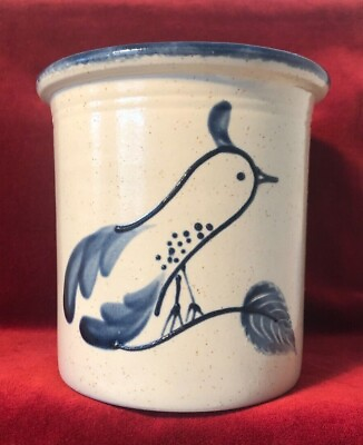 #ad VTG SALT GLAZED STONEWARE BIRD ART CROCK UTENSIL JAR Bujno Pottery Pa Signed $44.00