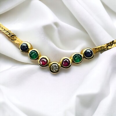 #ad 14k Gold Ruby Emerald Sapphire Diamond Herringbone Necklace Precious Gemstones $400.00