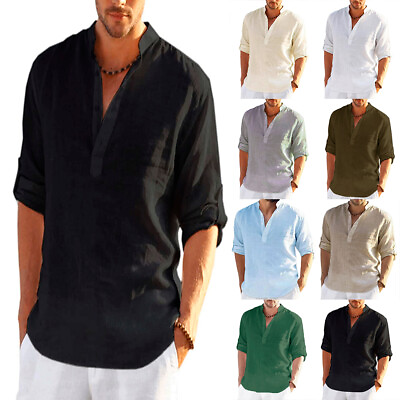 #ad Mens Linen Beach Shirts Solid Loose Casual Shirt Blouse Top Cotton Summer Tee US $18.11