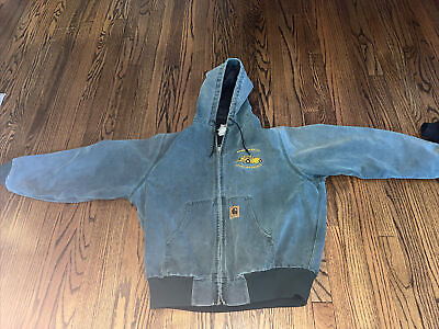 #ad Vtg Carhartt J06HTG Blue Grey Quilt Lined Canvas Hooded Jacket XL EMBROIDERED $189.00