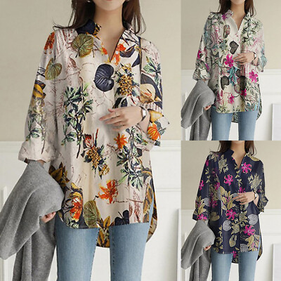 #ad Womens Cotton Linen Floral Shirt Ladies Long Sleeve Casual Loose Summer Tops US $22.39