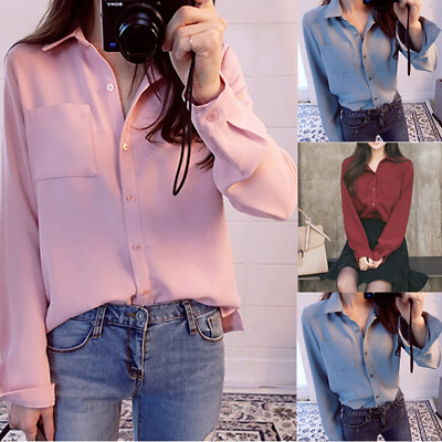 #ad Casual Clothing Style Top Women#x27;s Loose Long Sleeve Shirt Solid Color Shirt $16.26