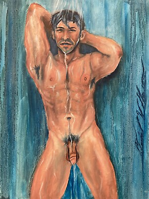 #ad Original Gay Male Interest Art Oil Painting By Daniel W Green Nude Man Shower $250.00