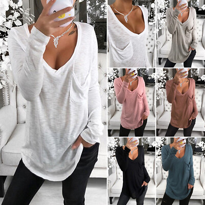 #ad Women Button Long Sleeve T Shirt V Neck Oversized Loose Blouse Tops S 3XL $14.57