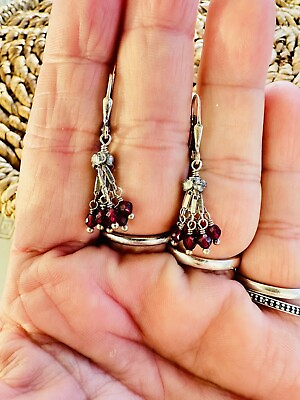 #ad Bohemian Sterling Silver Cranberry Crystal Earrings Dangling Pierced 925 $10.79