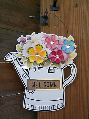 #ad Welcome Sign Shaped like Watering Can and Flowers Wire Hanging Rhinestones $8.53